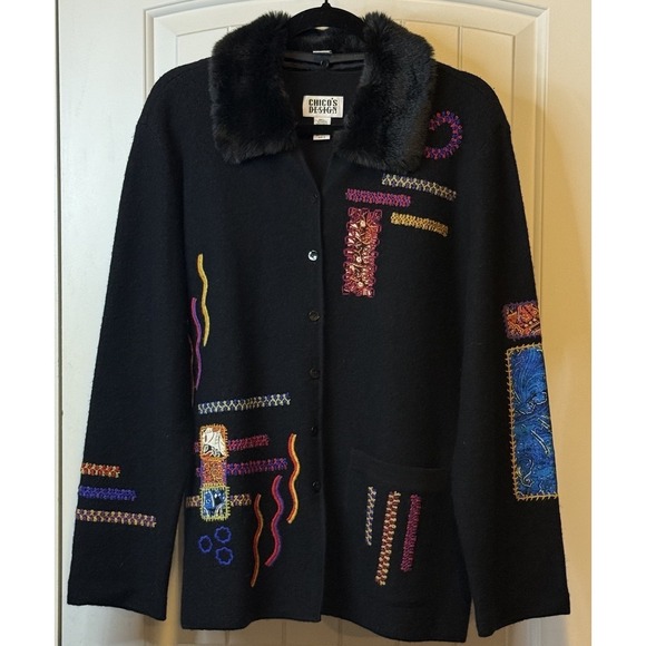 Chicos Artsy 100% Wool Silk Patch Cardigan Embroidered Button Up/Fur Collar Sz M - Picture 2 of 12